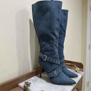 Denim Heeled Boots with Buckle Detail